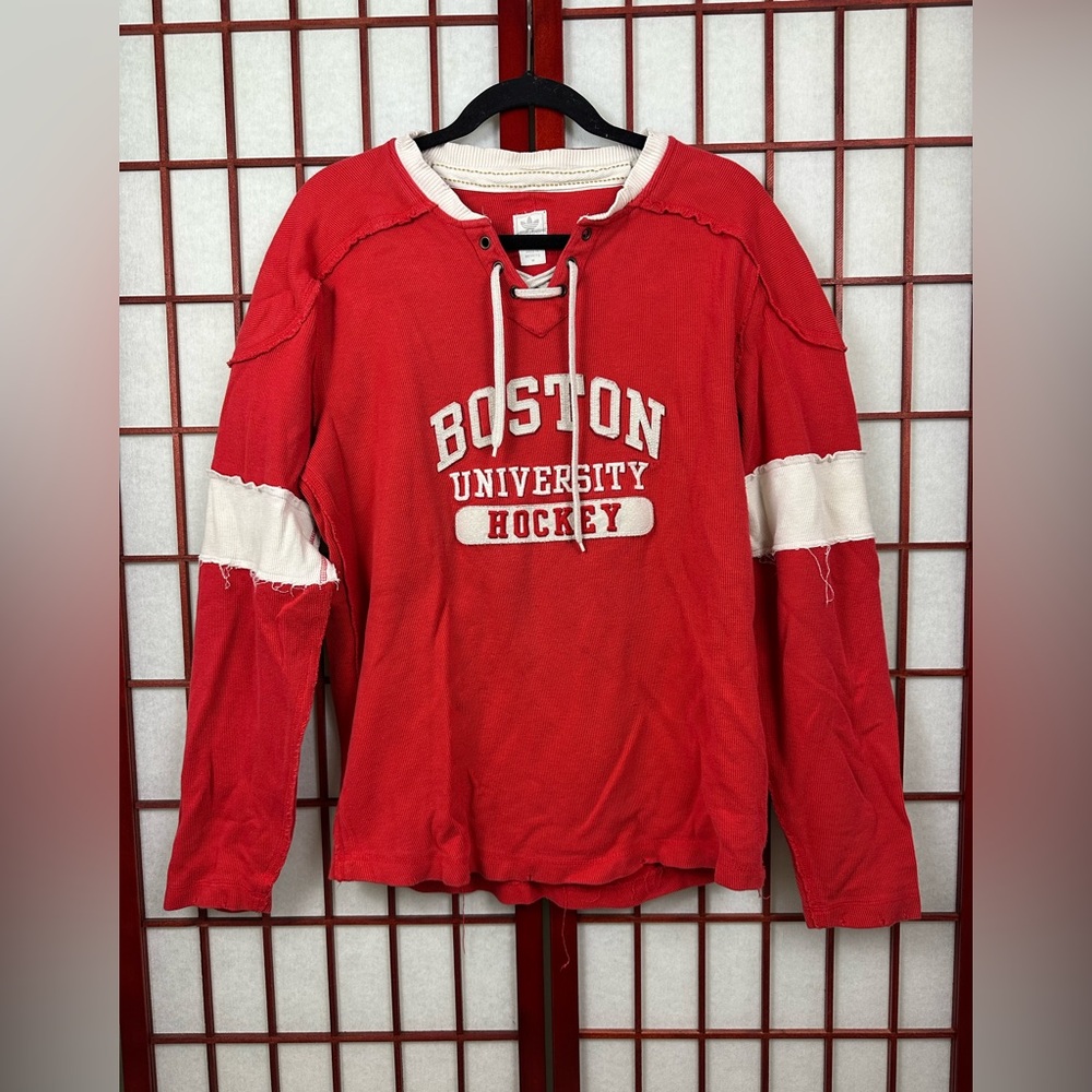 Adidas Boston University Hockey Red White Distressed Team Long Sleeve Sweatshirt